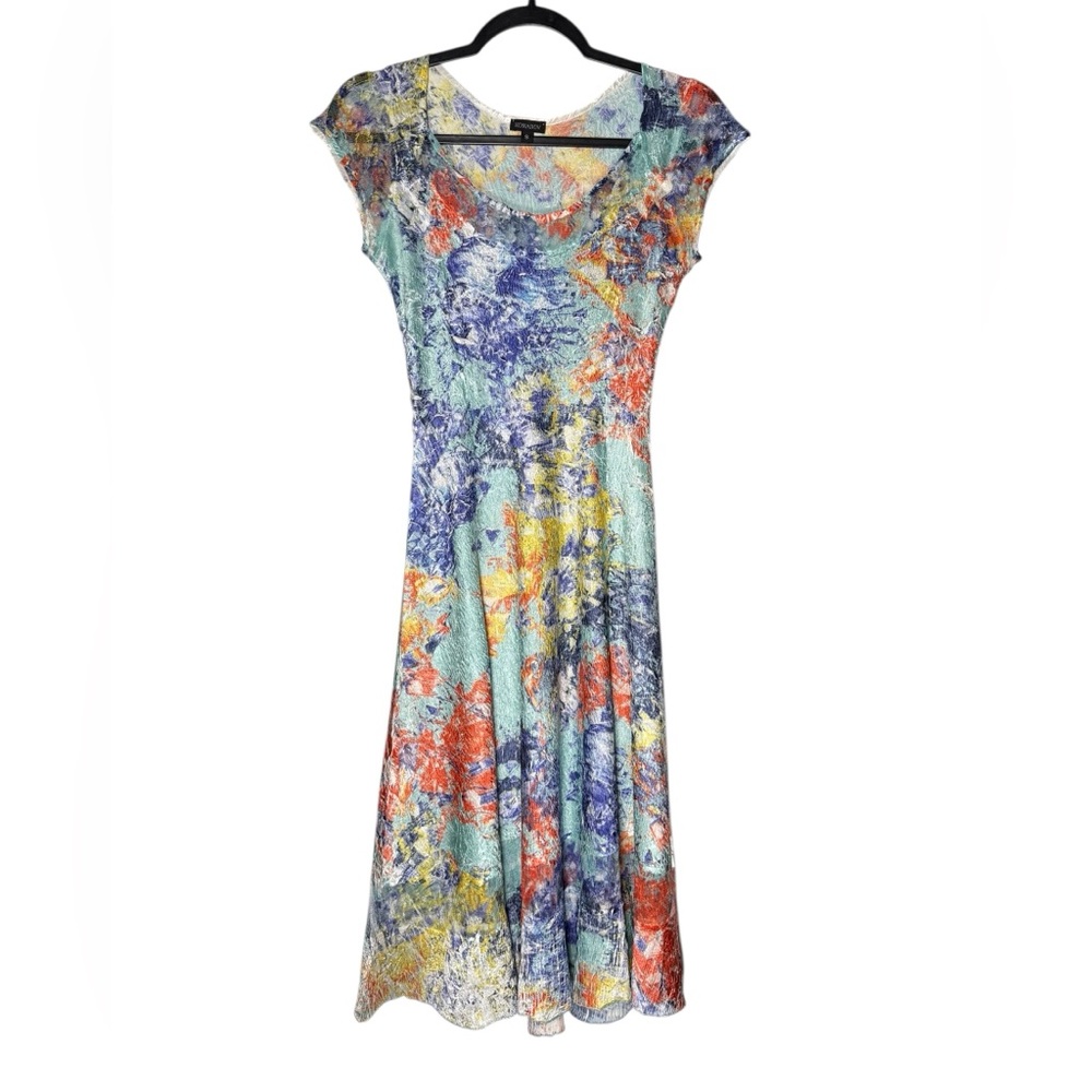 Komarov Crinkle Dress Size Small Multicolor Abstract Fit Flare Midi USA Made